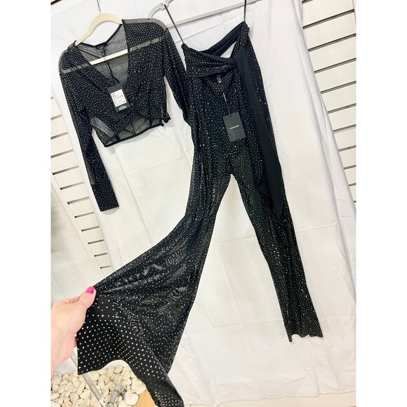 NWT Rosacha Polka Dot Sheer Crop Blouse Top & Tie Waist Flare Pants Set Black S - Picture 7 of 12
